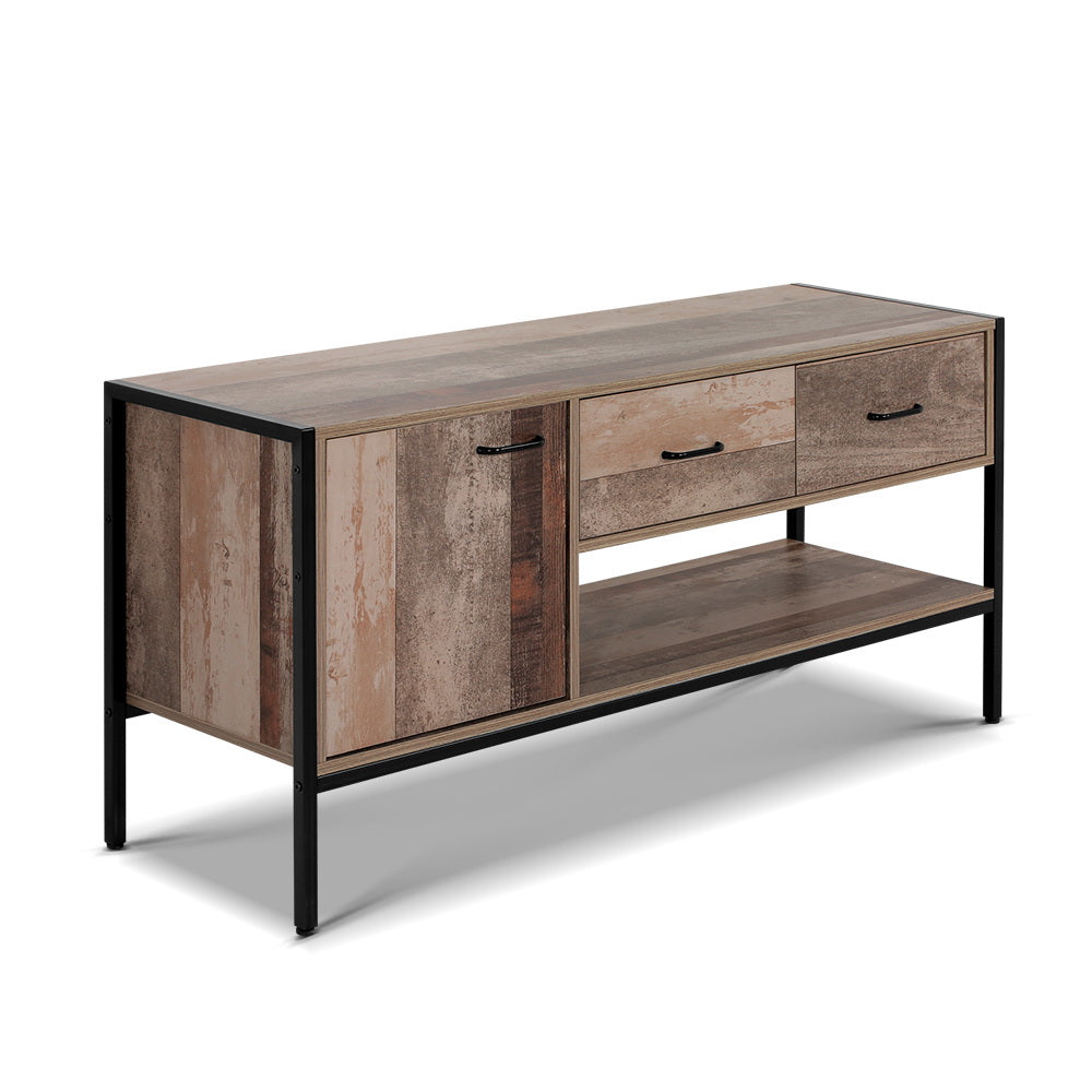 Deloraine 120cm natural industrial entertainment unit with powder coated metal legs in a modern living room