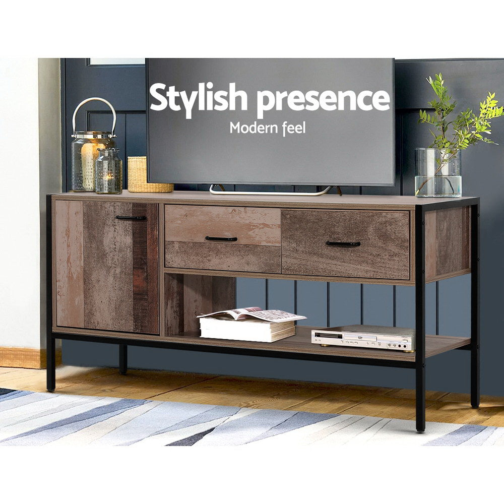 Deloraine 120cm natural industrial entertainment unit with powder coated metal legs in a modern living room