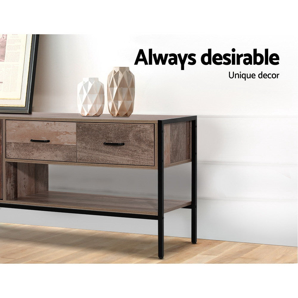 Deloraine 120cm natural industrial entertainment unit with powder coated metal legs in a modern living room