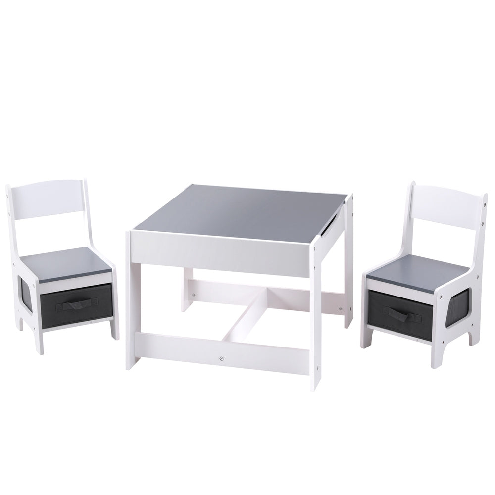 Kids table and two chairs set with chalkboard top and storage in white and grey