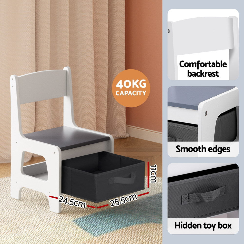 Kids table and two chairs set with chalkboard top and storage in white and grey