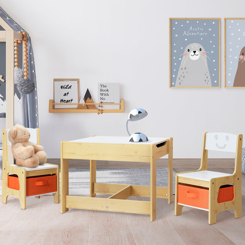 Kids table and chairs set with storage boxes in white and natural