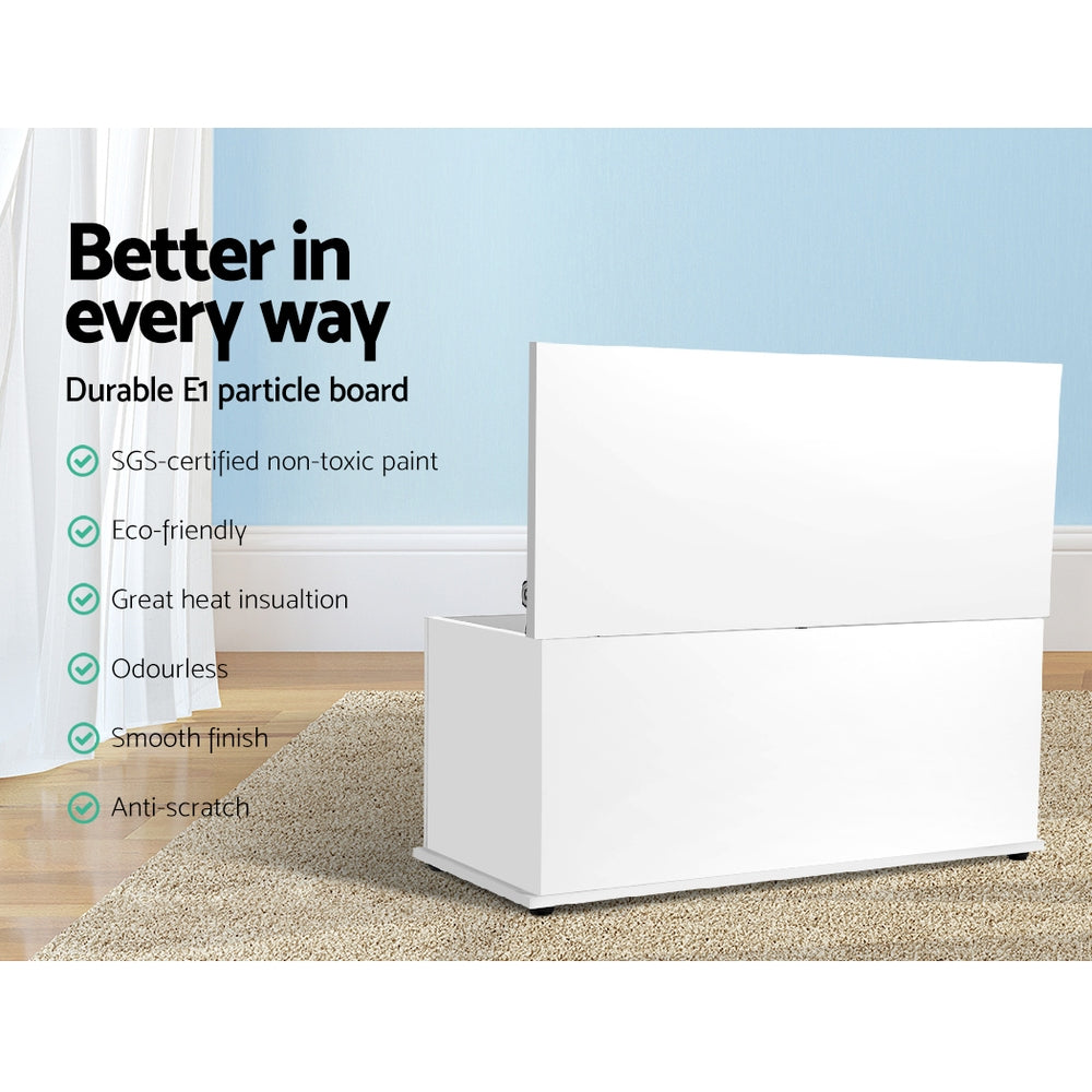 Floor protector on base of white toy box