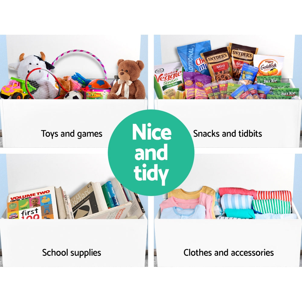 White kids toy box in a bedroom