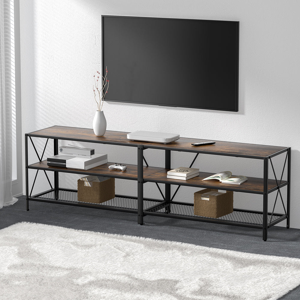 Longford 180cm walnut vintage rustic entertainment unit with three tier display shelves in a living room