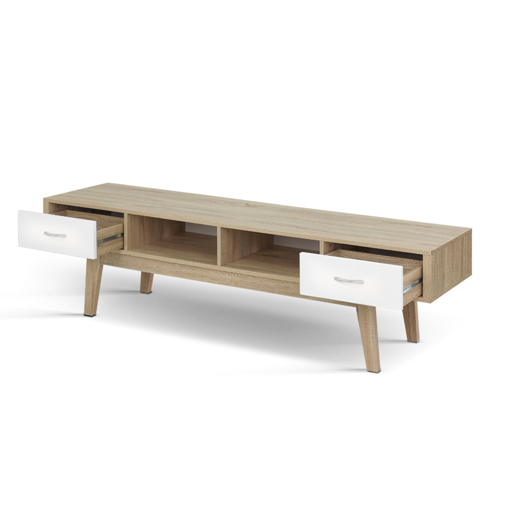 Latrobe 180cm oak and white Scandinavian entertainment unit with splayed legs in a modern living room