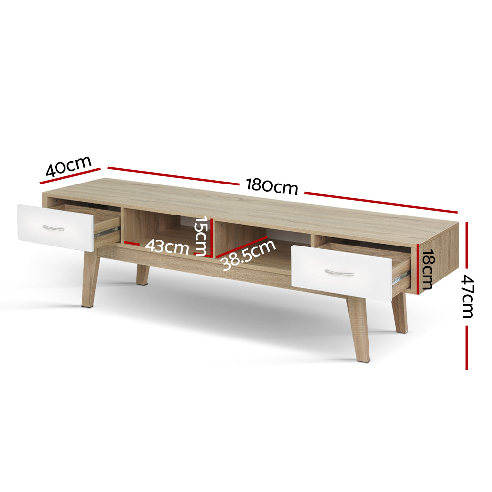 Latrobe 180cm oak and white Scandinavian entertainment unit with splayed legs in a modern living room