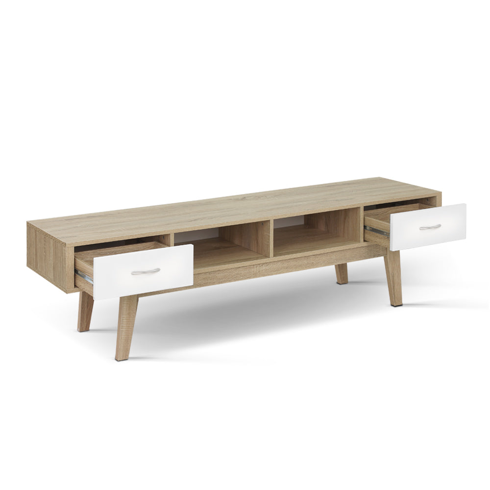 Latrobe 180cm oak and white Scandinavian entertainment unit with splayed legs in a modern living room