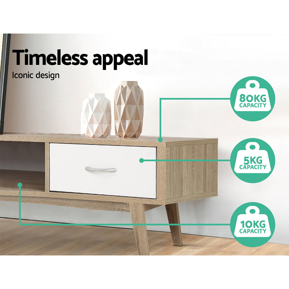Latrobe 180cm oak and white Scandinavian entertainment unit with splayed legs in a modern living room