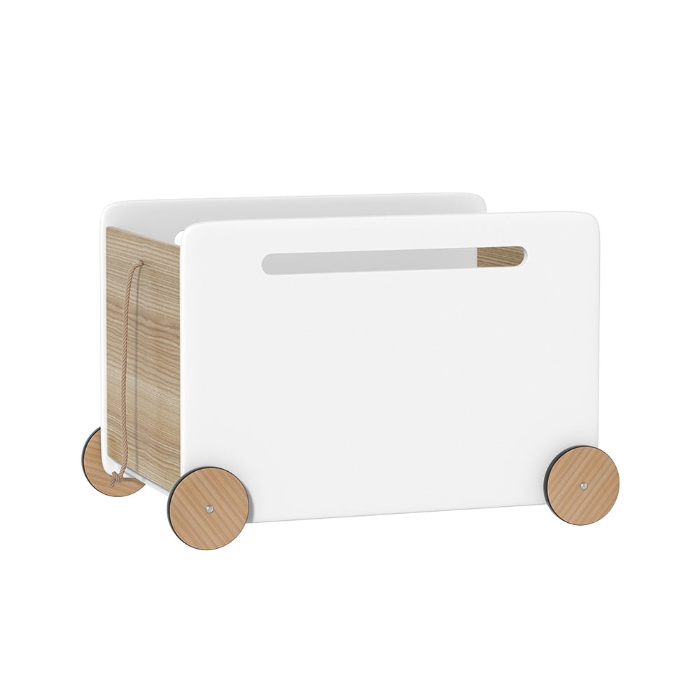 White kids toy box storage chest on wheels with pull rope
