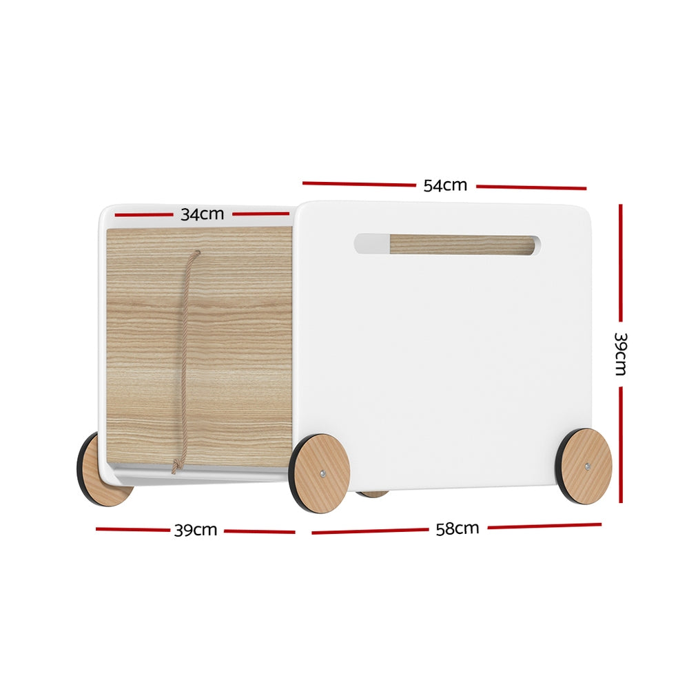 White toy box on wheels with lid open