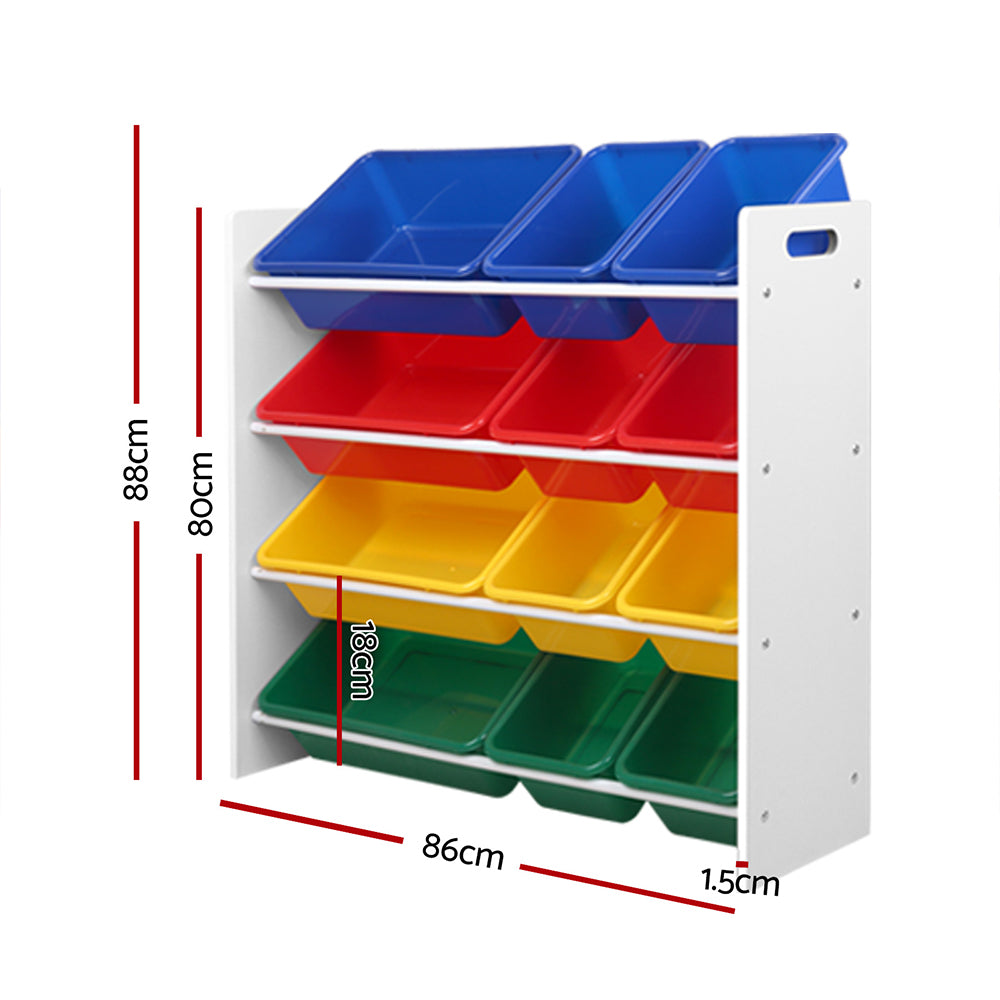 Kids Toy Storage Rack with 12 Bins, 4 Tier Multicolour