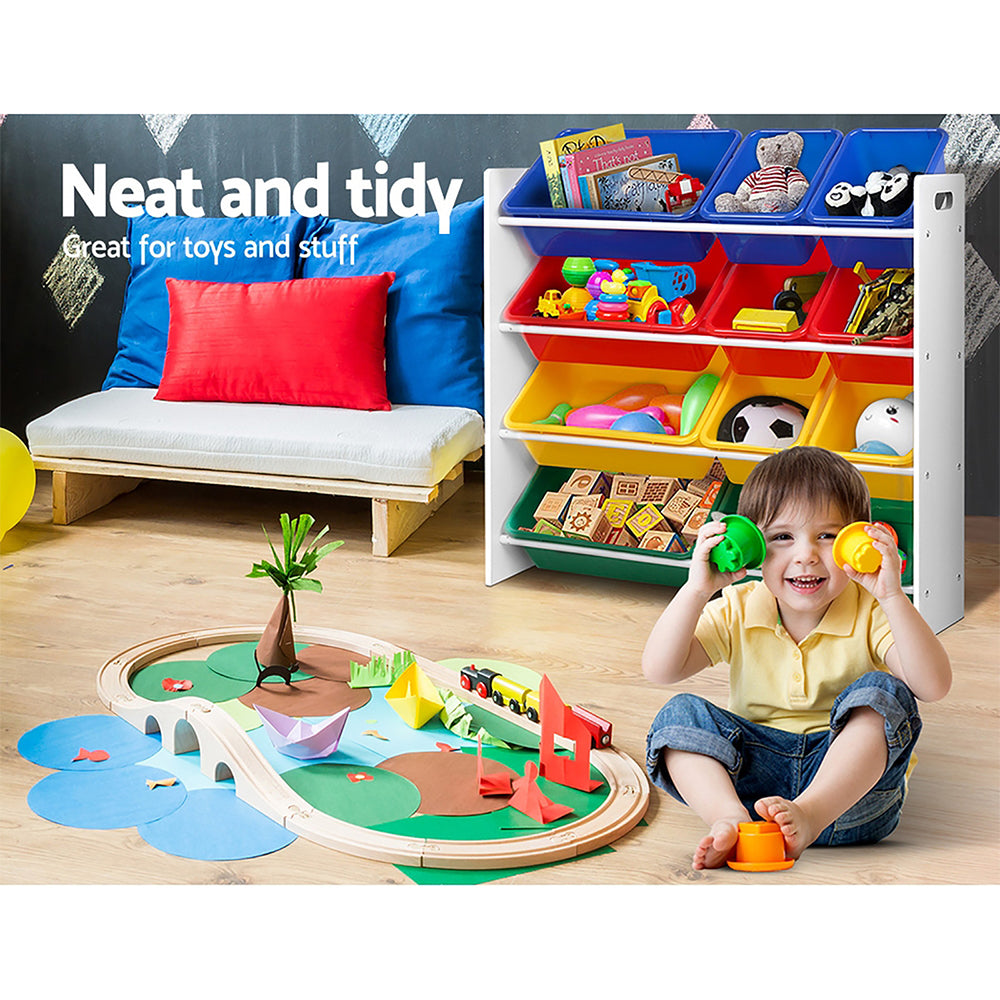 Kids Toy Storage Rack with 12 Bins, 4 Tier Multicolour