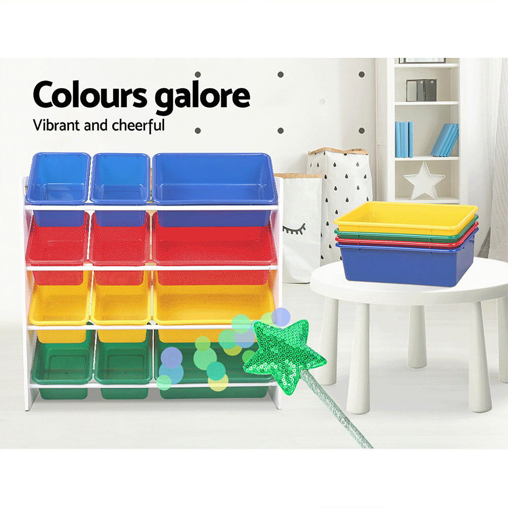 Kids Toy Storage Rack with 12 Bins, 4 Tier Multicolour