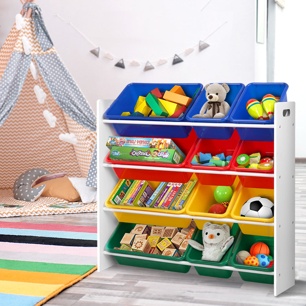 Kids Toy Storage Rack with 12 Bins, 4 Tier Multicolour