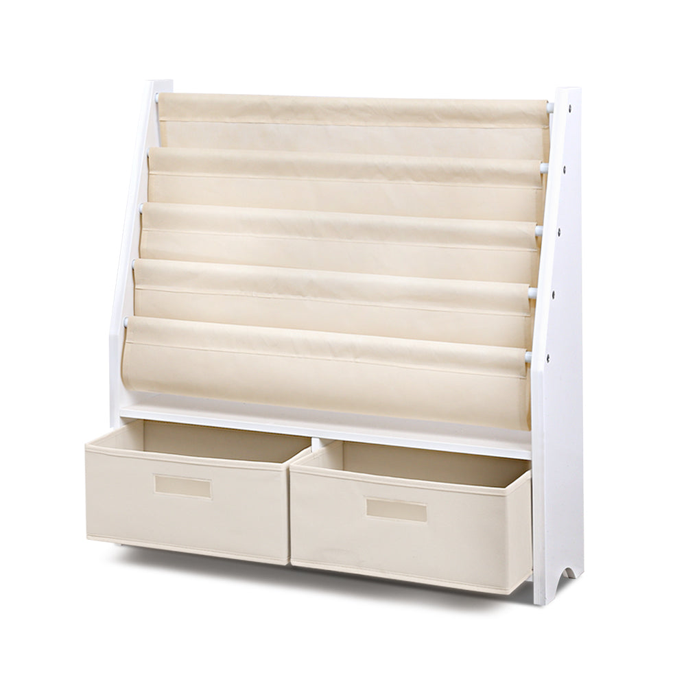 Kids Bookshelf with 2 Storage Bins, 4 Tier White