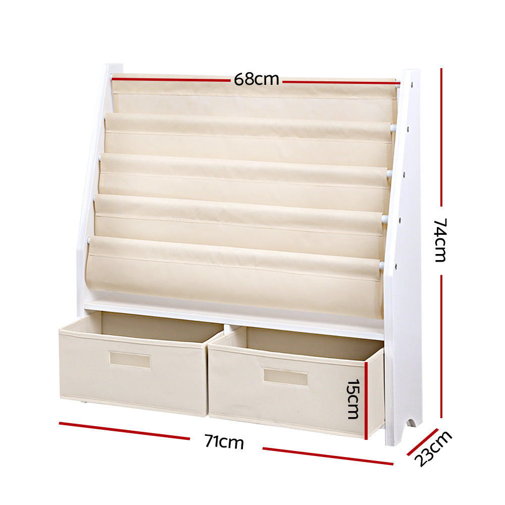 Kids Bookshelf with 2 Storage Bins, 4 Tier White