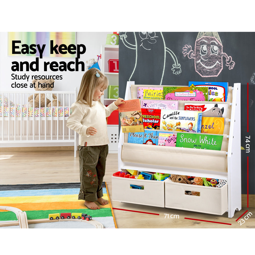 Kids Bookshelf with 2 Storage Bins, 4 Tier White