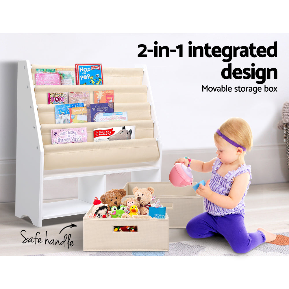 Kids Bookshelf with 2 Storage Bins, 4 Tier White