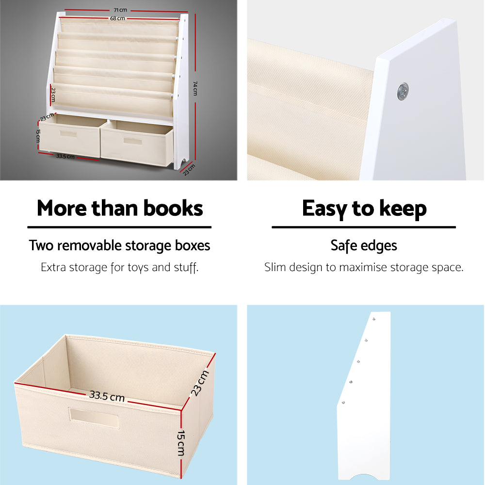 Kids Bookshelf with 2 Storage Bins, 4 Tier White