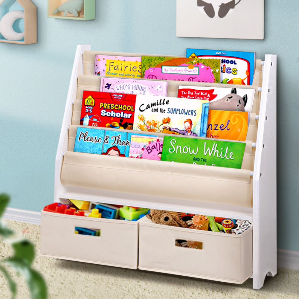 Kids Bookshelf with 2 Storage Bins, 4 Tier White