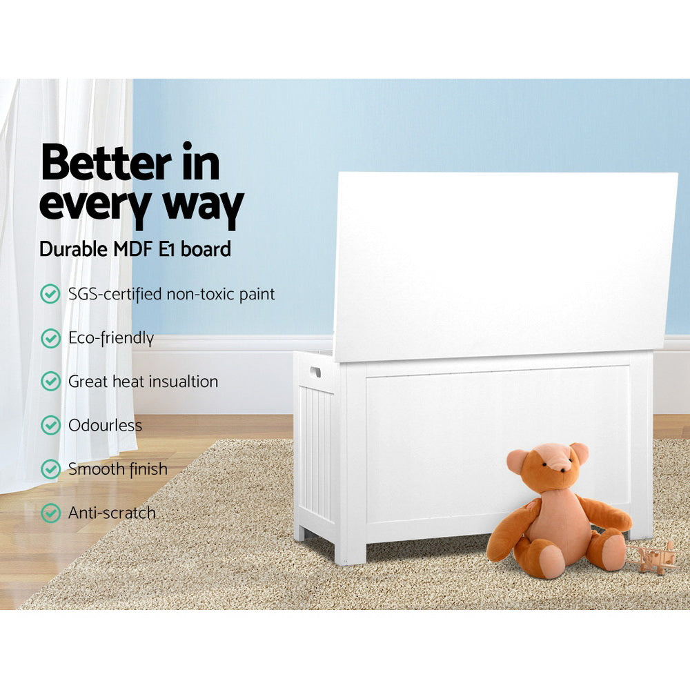 White kids toy box in a living room