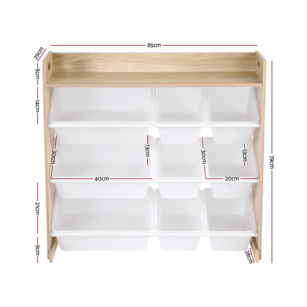 White and wood kids toy storage organiser with 9 bins - view 2