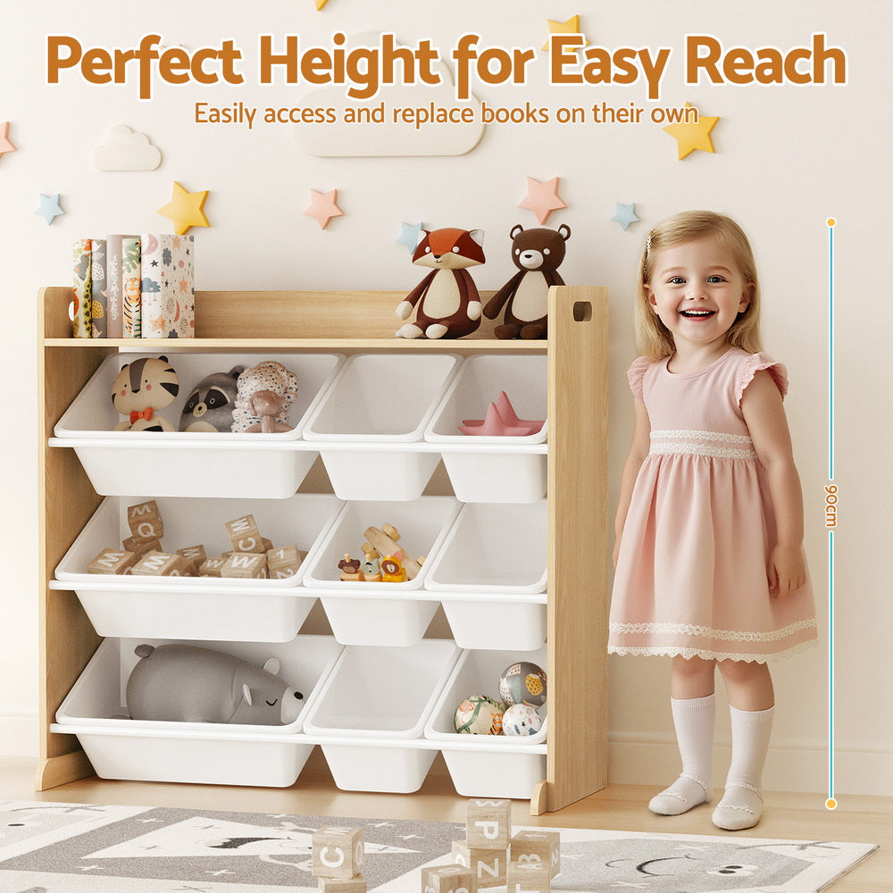 White and wood kids toy storage organiser with 9 bins - view 4