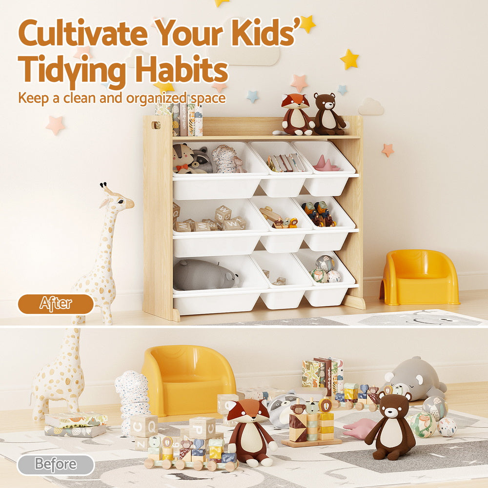 White and wood kids toy storage organiser with 9 bins - view 5