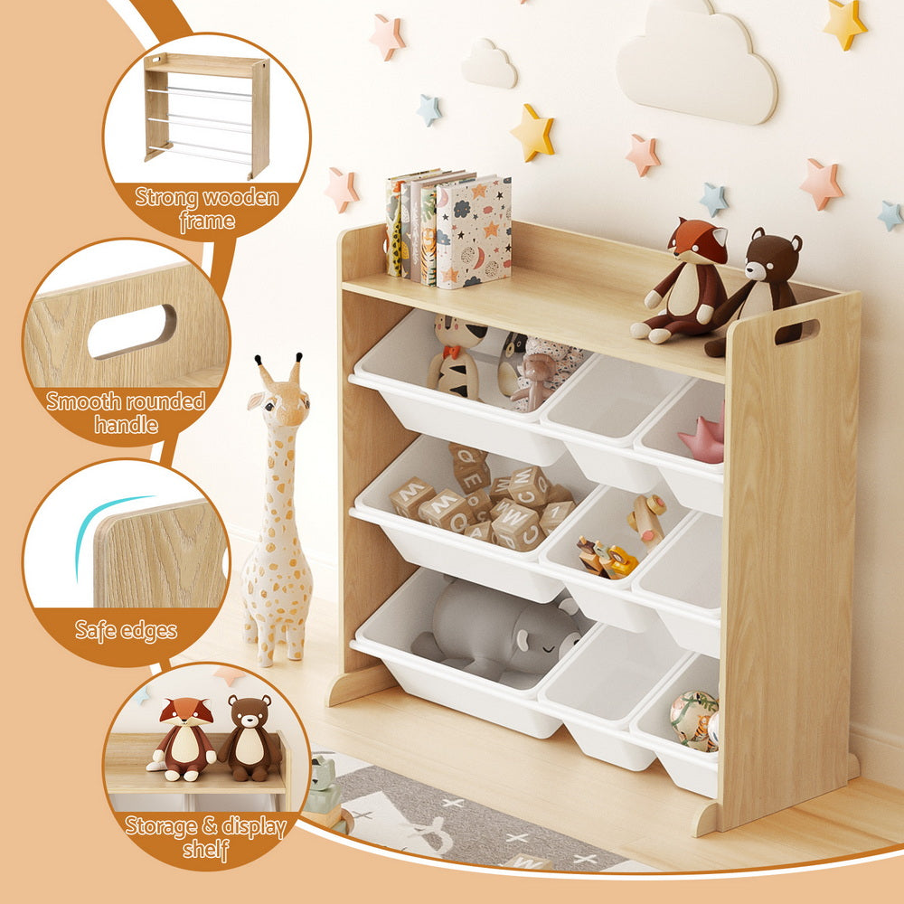 White and wood kids toy storage organiser with 9 bins - view 6
