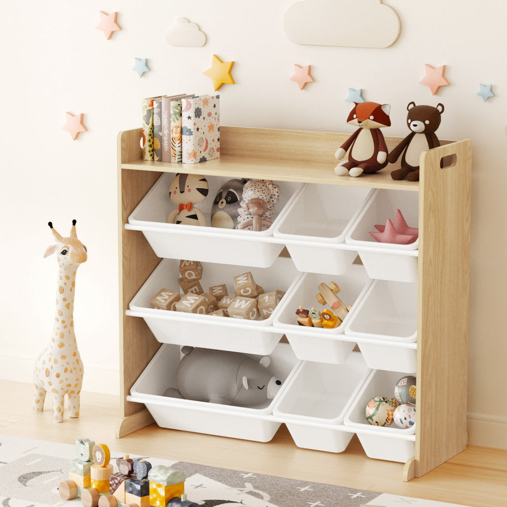 White and wood kids toy storage organiser with 9 bins - view 7