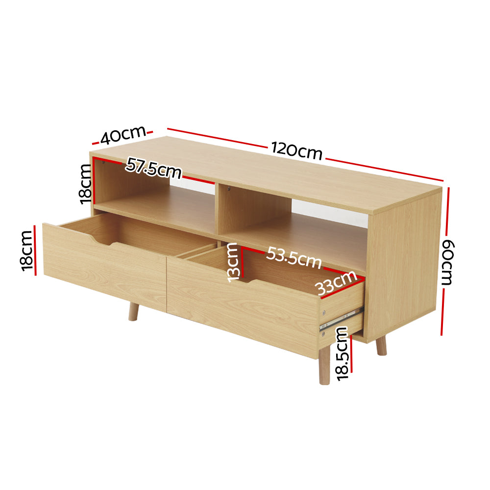 Somerset 120cm natural Scandinavian TV cabinet with tapered wood legs in a modern living room