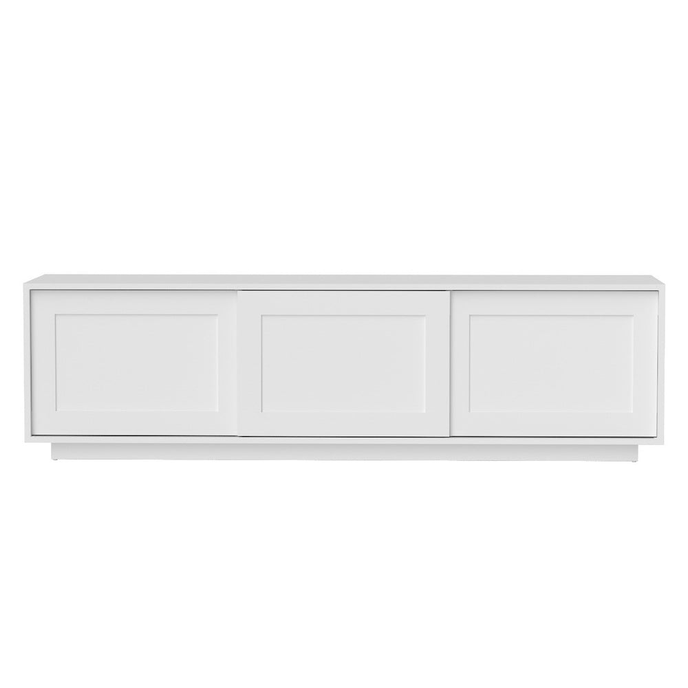 Kettering white 160cm three cabinet entertainment unit in a modern living room