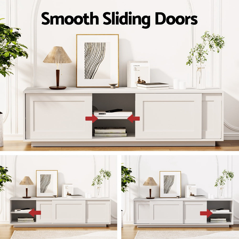 Kettering white 160cm three cabinet entertainment unit in a modern living room