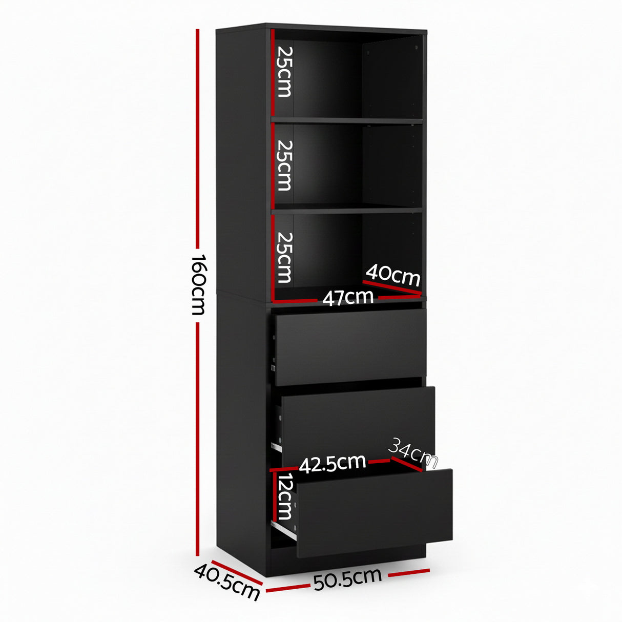 Penrose 3 Drawer Tallboy, Black