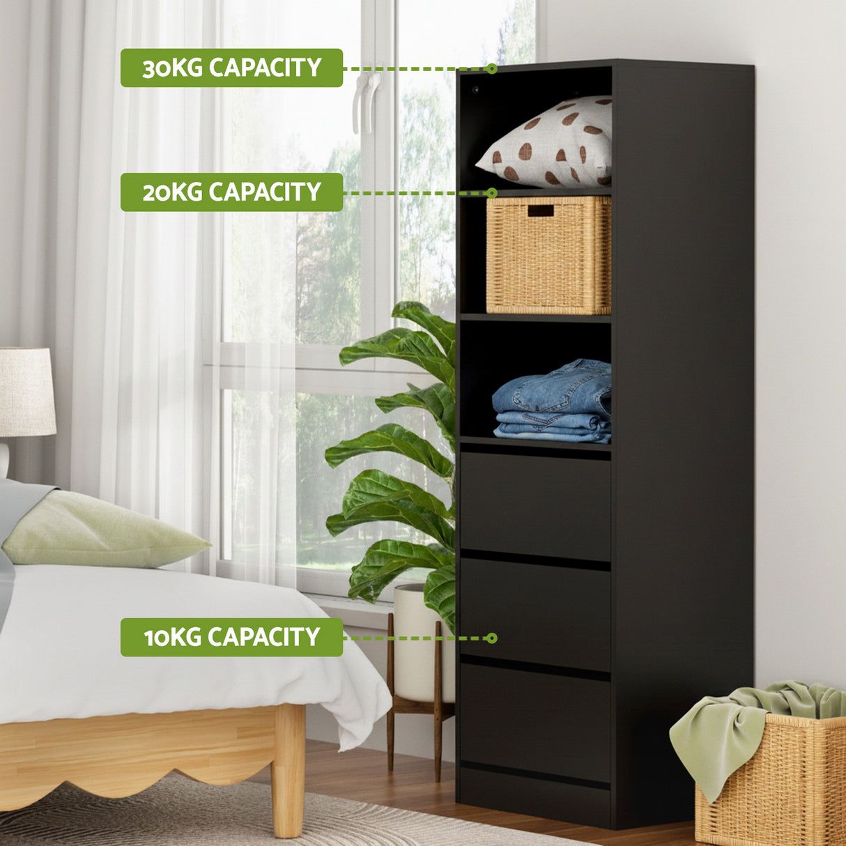 Penrose 3 Drawer Tallboy, Black