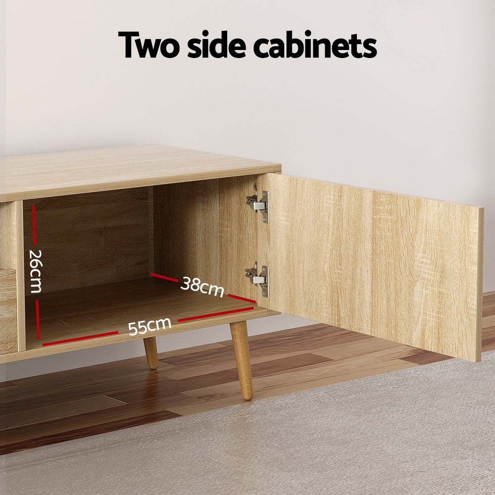 Woodbridge pine 200cm lowline entertainment unit with rubberwood legs in a modern living room