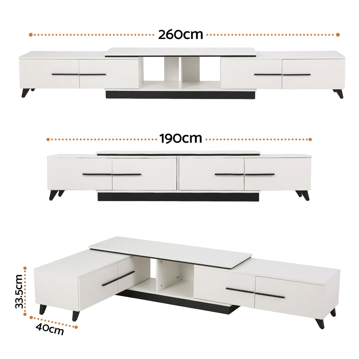 Battery Point white extendable TV cabinet with storage drawers in a modern living room