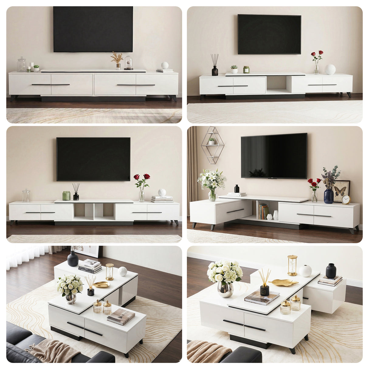 Battery Point white extendable TV cabinet with storage drawers in a modern living room