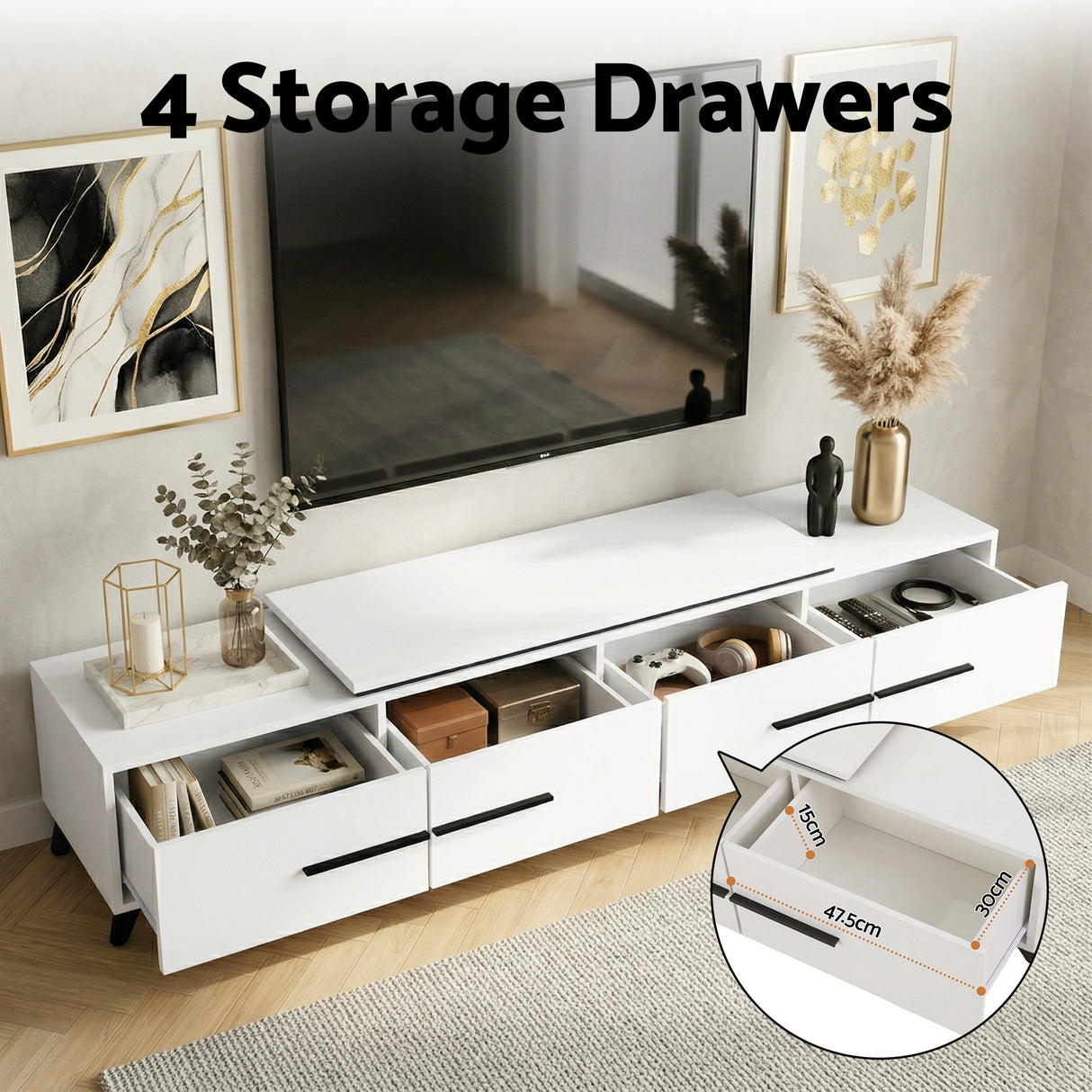 Battery Point white extendable TV cabinet with storage drawers in a modern living room