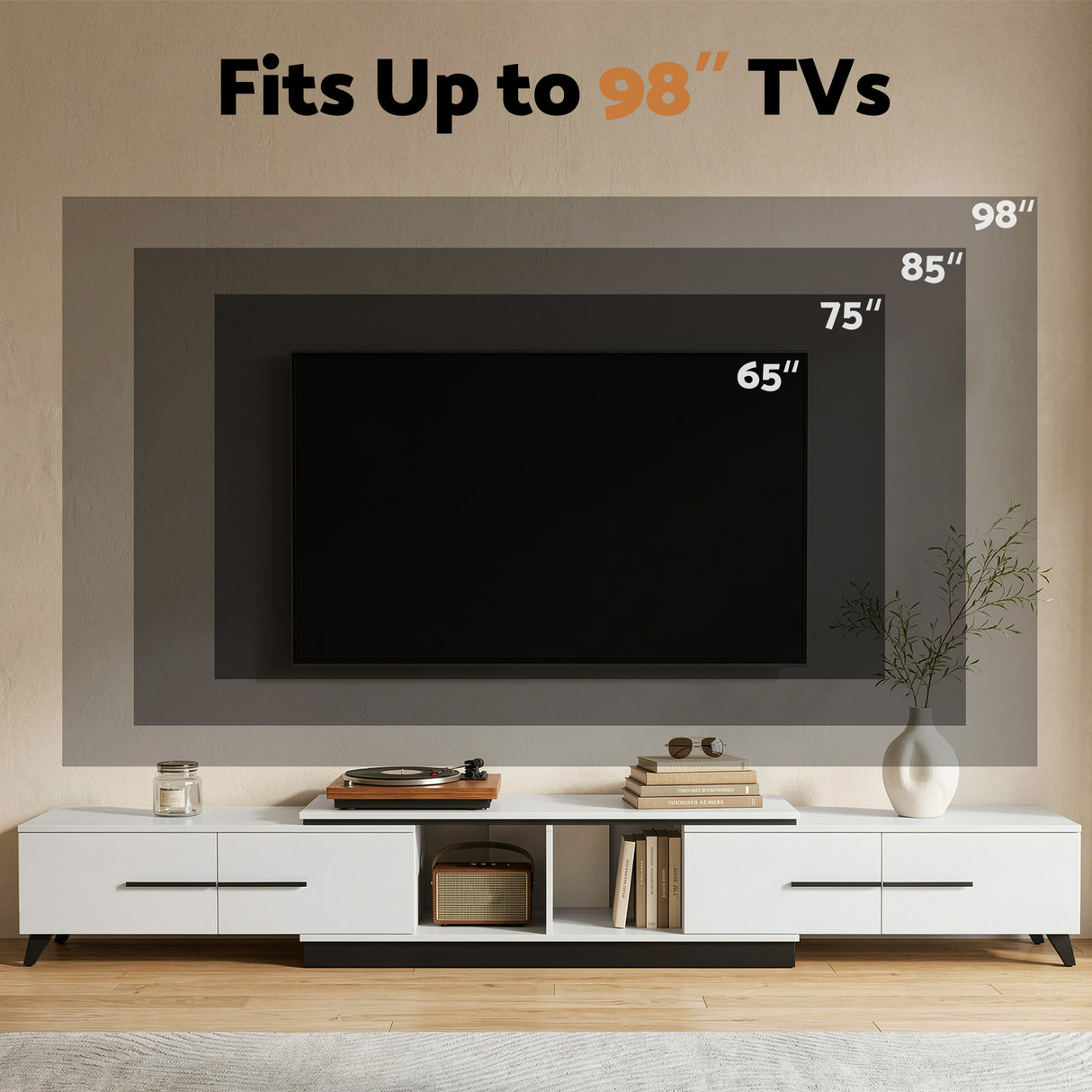 Battery Point white extendable TV cabinet with storage drawers in a modern living room