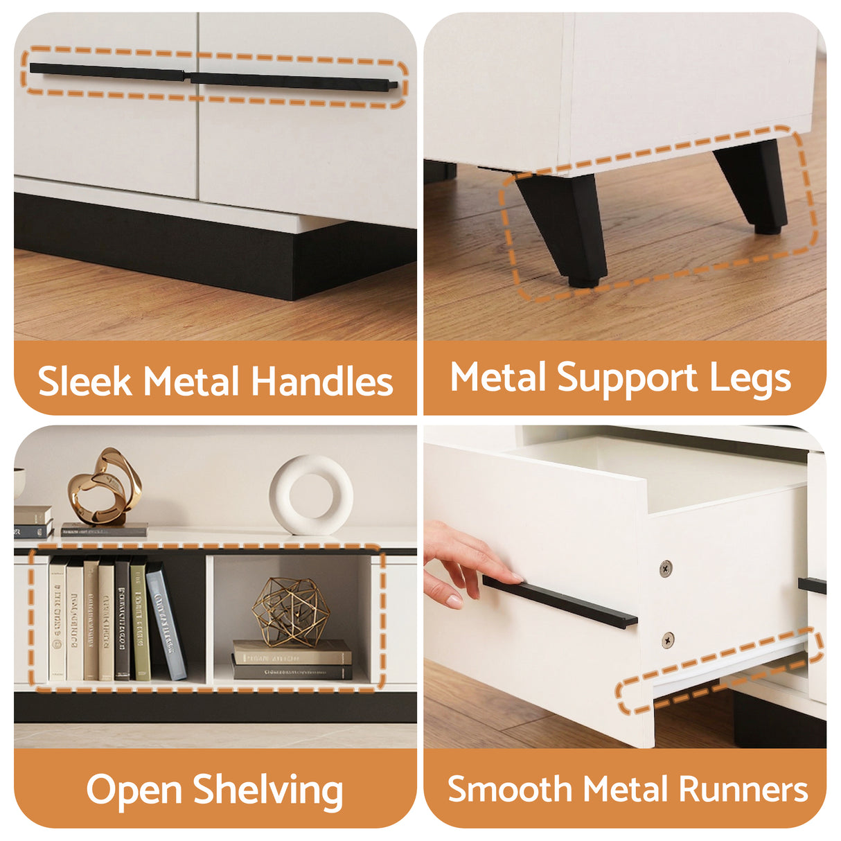 Battery Point white extendable TV cabinet with storage drawers in a modern living room