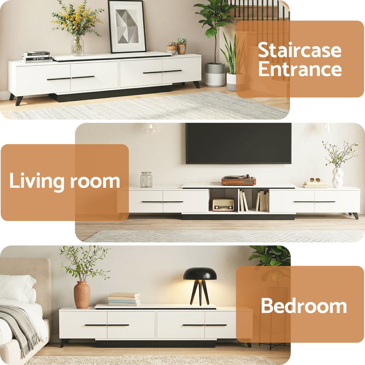 Battery Point white extendable TV cabinet with storage drawers in a modern living room