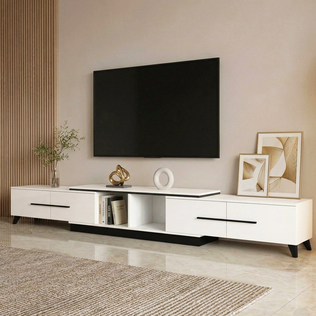 Battery Point white extendable TV cabinet with storage drawers in a modern living room