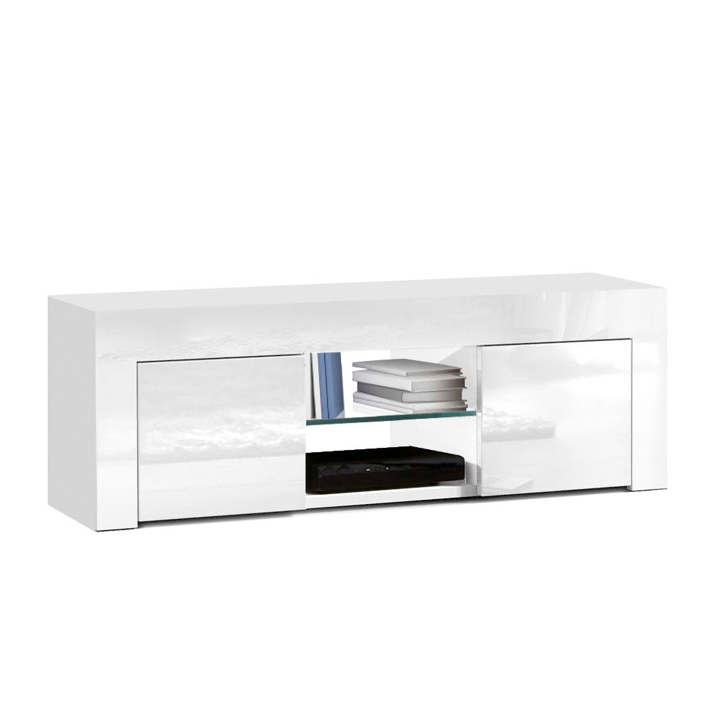 Southport white 130cm high gloss entertainment unit with glass shelves in a modern living room