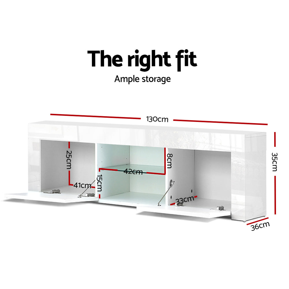 Southport white 130cm high gloss entertainment unit with glass shelves in a modern living room