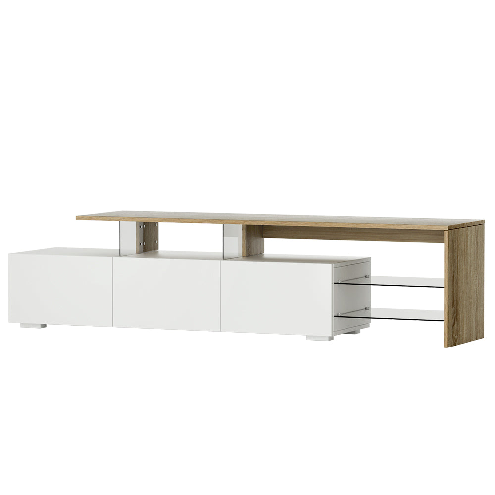 Huonville white and wood 180cm dual tone entertainment unit in a modern living room