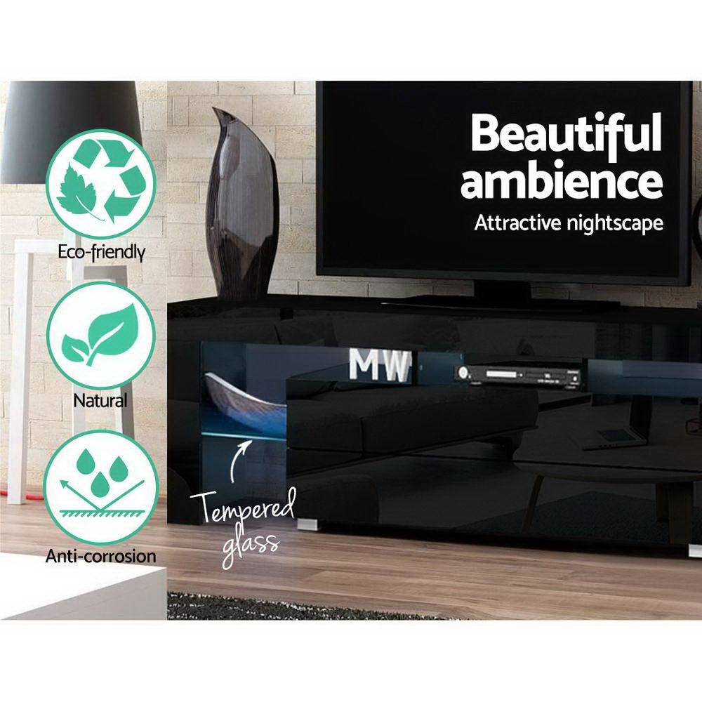 Blackmans Bay black 160cm LED entertainment unit with RGB lighting in a modern living room