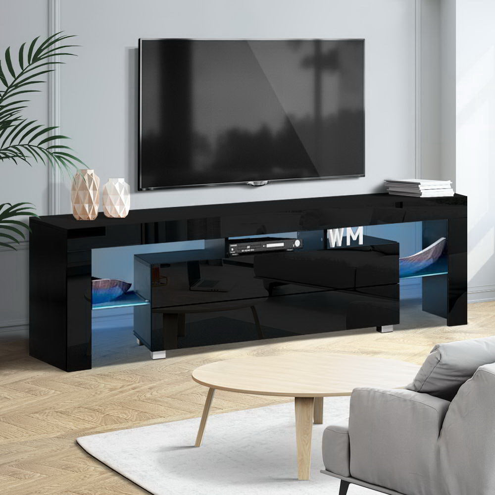 Blackmans Bay black 160cm LED entertainment unit with RGB lighting in a modern living room