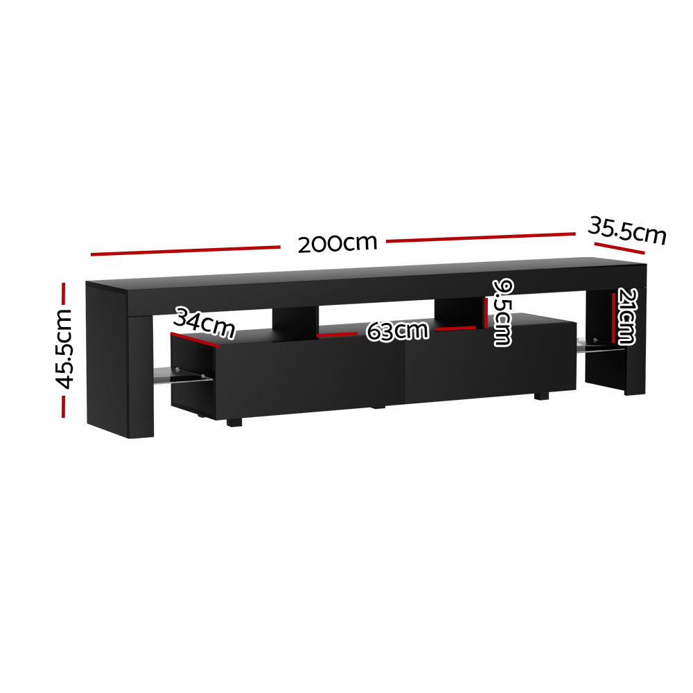 Kingston black 200cm high gloss LED entertainment unit with RGB lighting in a modern living room